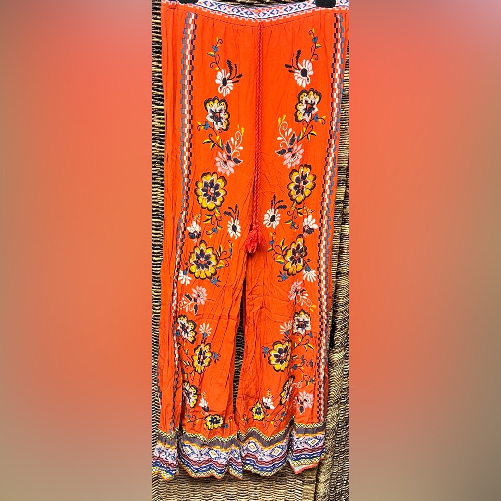 Flying Tomato- Floral Orange Pants- Medium, Flare Bottom